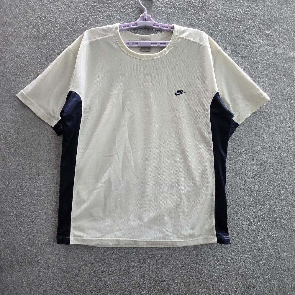 VINTAGE Nike Men Activewear Shirt XXL White Embroidered Colorblock Swoosh Logo